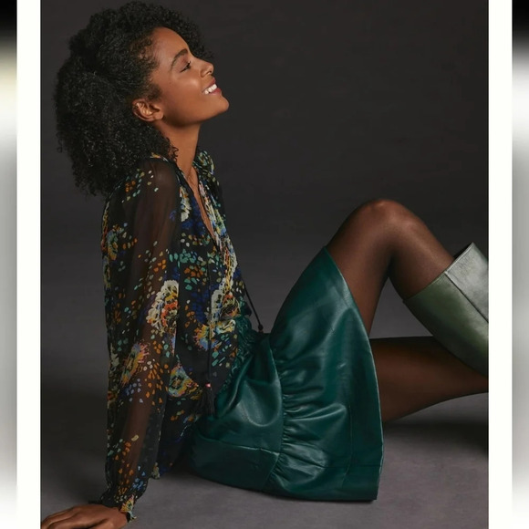 By Anthropologie Peasant Blouse Button Up Semi Sheer Pleated Top Neck Tassels XS - Picture 10 of 16